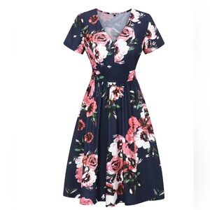 V-Neck Midi Dress Casual Boho Floral Short Sleeve Sundress A-Line Swing